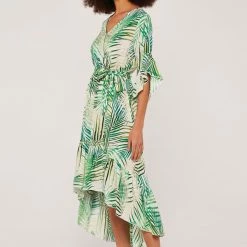 Quest Shoes & Clothing Sale Clothing APRICOT Tropical Leaf Ruffle Sleeve Midi Dress 592360