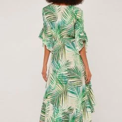 Quest Shoes & Clothing Sale Clothing APRICOT Tropical Leaf Ruffle Sleeve Midi Dress 592360