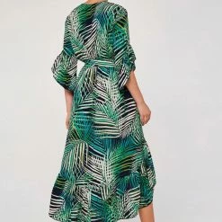 Quest Shoes & Clothing Sale Clothing APRICOT Tropical Leaf Ruffle Midi Dress 592438