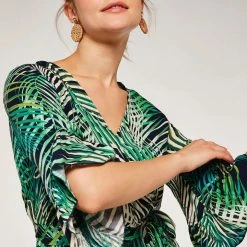 Quest Shoes & Clothing Sale Clothing APRICOT Tropical Leaf Ruffle Midi Dress 592438